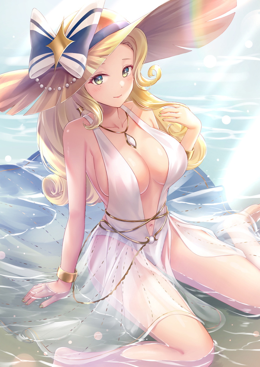 1girl afk_arena arm_support bare_arms bare_shoulders beads belinda_(unlight) blonde_hair blush bow bracelet breasts center_opening closed_mouth curly_hair day earrings green_eyes hand_up hat hat_bow highres jewelry large_breasts long_hair looking_at_viewer mole mole_under_eye nail_polish necklace outdoors revision ringlets sebu_illust see-through see-through_skirt shallow_water sideboob sidelocks sitting sitting_on_water skirt smile sun_hat swimsuit thighs wariza water white_swimsuit yellow_headwear