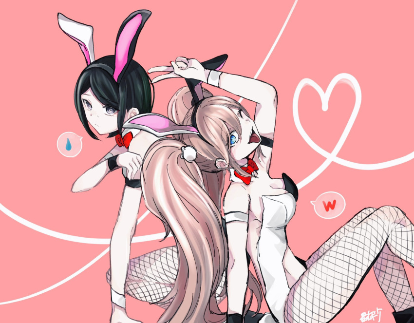 2girls :d alternate_costume animal_ears arm_support arm_up armband backless_leotard bangs bare_shoulders bear_hair_ornament black_leotard blue_eyes bow bowtie breasts brown_hair cleavage closed_mouth danganronpa:_trigger_happy_havoc danganronpa_(series) detached_collar enoshima_junko expressionless fake_animal_ears fake_tail fishnet_pantyhose fishnets from_side hair_between_eyes hair_ornament hand_up heart highres ikusaba_mukuro large_breasts leotard long_hair looking_at_viewer multiple_girls official_alternate_costume one_eye_closed open_mouth pantyhose pink_background playboy_bunny rabbit_ears rabbit_tail red_bow red_bowtie shoes short_hair siblings simple_background sisters sitting smile speech_bubble spoken_heart tail tongue tongue_out translation_request twintails white_leotard zui_nianshao