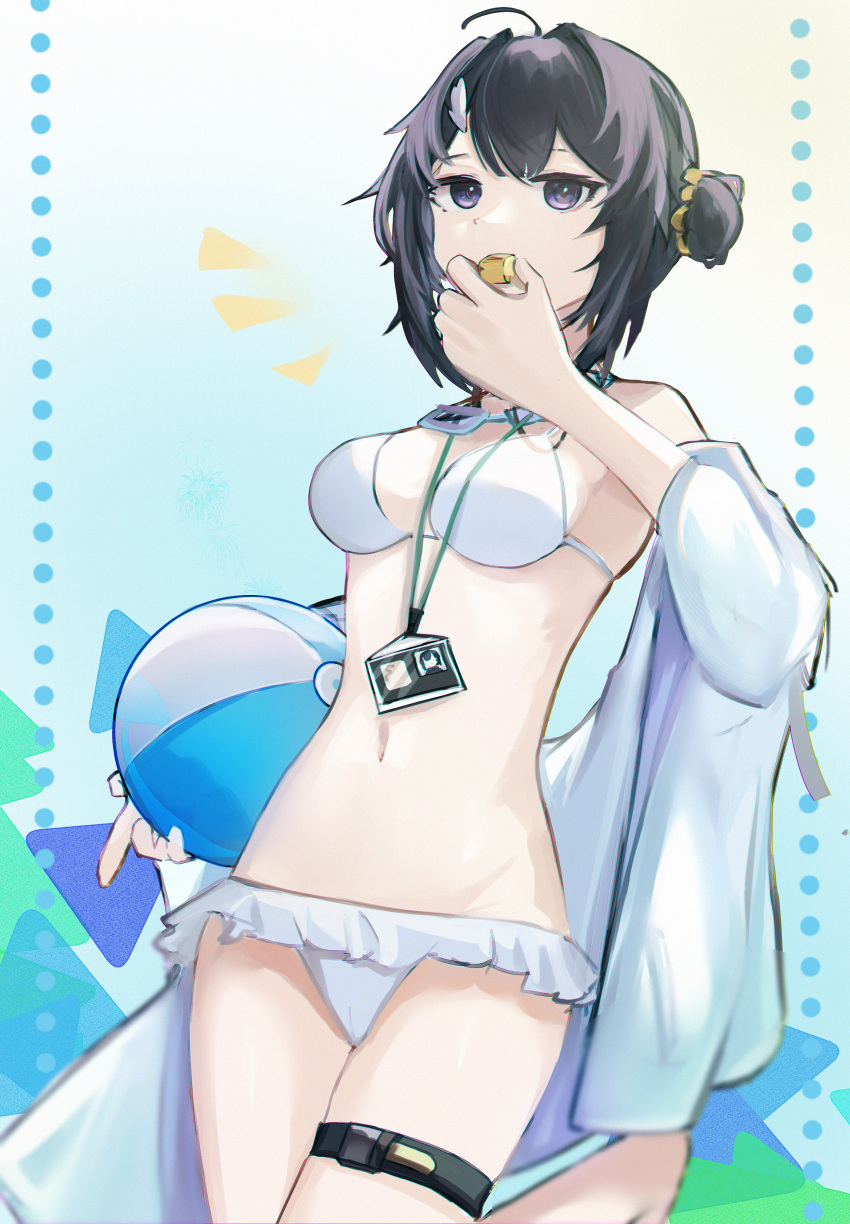 1girl absurdres ahoge arknights ball bare_shoulders barefoot beachball bikini black_hair blue_background breasts cleavage feather_hair_ornament feathers gradient gradient_background hair_bun hair_ornament highres holding holding_ball id_card jacket la_pluma_(arknights) la_pluma_(summer_flowers)_(arknights) leg_up long_sleeves medium_breasts mizuhashi_parusui navel off_shoulder official_alternate_costume open_clothes open_jacket purple_eyes short_hair single_hair_bun single_side_bun solo standing standing_on_one_leg stomach swimsuit thigh_strap whistle whistling white_bikini white_jacket