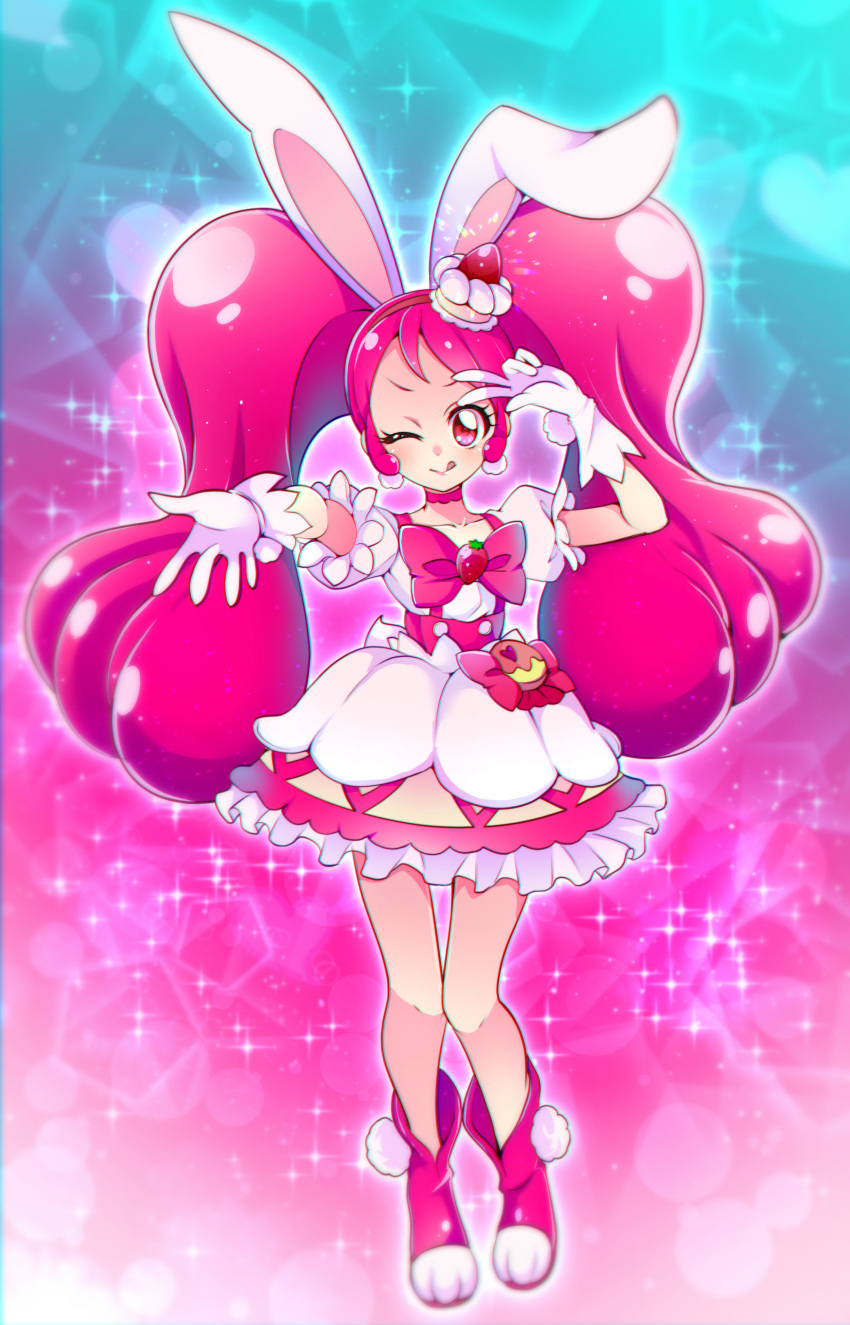 1girl ;q absurdres animal_ears bow bowtie brown_hairband choker collarbone cure_whip dress full_body gloves hairband highres kirakira_precure_a_la_mode long_hair looking_at_viewer mitsuki_tayura one_eye_closed outstretched_arm precure rabbit_ears red_bow red_bowtie red_choker red_eyes red_footwear red_hair shiny shiny_hair short_dress short_sleeves solo standing tongue tongue_out twintails very_long_hair white_dress white_gloves