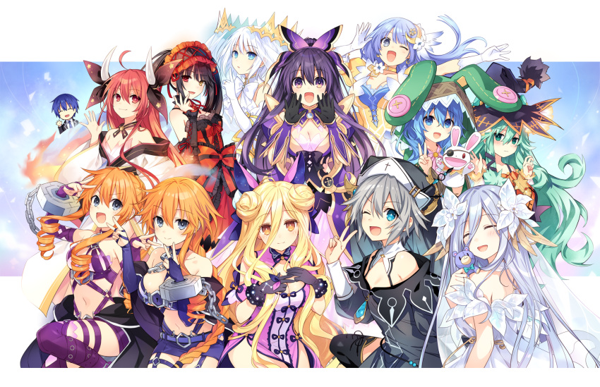 1boy 6+girls blue_eyes blue_hair breasts cleavage date_a_live gloves green_hair grey_hair hat heterochromia highres honjou_nia hoshimiya_mukuro itsuka_kotori itsuka_shidou izayoi_miku long_hair looking_at_viewer multiple_girls natsumi_(date_a_live) one_eye_closed open_mouth purple_eyes purple_hair red_eyes red_hair short_hair smile takamiya_mio tobiichi_origami tokisaki_kurumi tsunako white_gloves white_hair witch_hat yamai_kaguya yamai_yuzuru yatogami_tooka yellow_eyes yoshino_(date_a_live) yoshinon