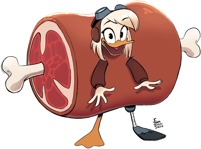 anatid anseriform anthro avian bird clothing costume della_duck disney duck ducktales ducktales_(2017) fanzeem female food food_costume hi_res kigtoons meat meat_costume meat_on_bone meat_on_bone_costume solo standing