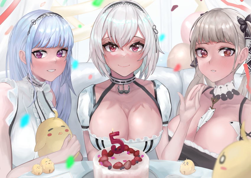 3girls absurdres animal azur_lane bangs bare_shoulders bird blue_hair breasts cake cleavage commentary_request confetti dido_(azur_lane) food formidable_(azur_lane) grey_hair grin hand_up highres holding holding_animal holding_bird large_breasts long_hair looking_at_viewer manjuu_(azur_lane) multiple_girls nibiiro_(deep_4242) parted_lips purple_eyes red_eyes shirt short_hair sirius_(azur_lane) sleeveless sleeveless_shirt smile twintails white_hair white_shirt