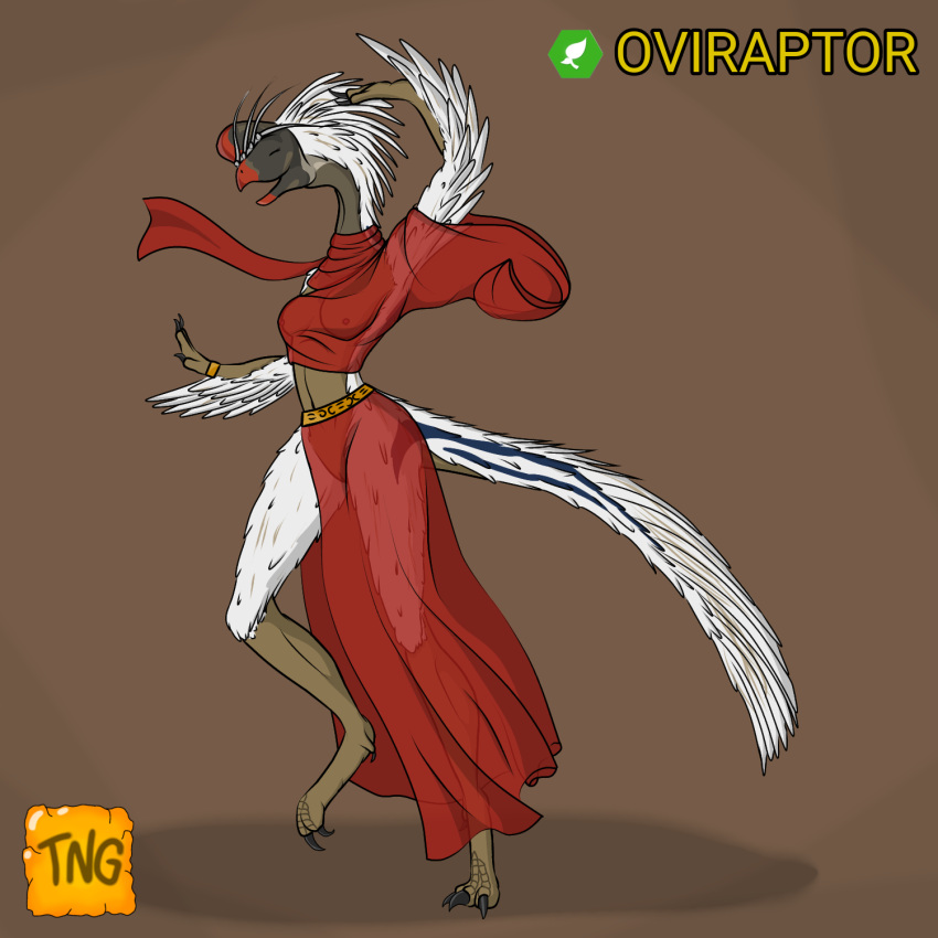 anthro blue_body blue_feathers bottomwear clothing crown dinosaur feathers female gold_(metal) gold_jewelry hi_res jewelry jurassic_park jurassic_world jurassic_world:_dominion nude oviraptor oviraptorid red_bottomwear red_clothing red_scarf red_skirt red_topwear reptile scalie scarf silver_crown skirt solo the_nameless_guy theropod topwear translucent translucent_clothing universal_studios white_body white_feathers
