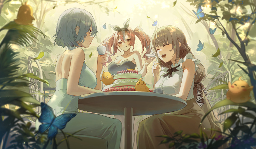 3girls :d azur_lane bangs bare_arms bare_shoulders bird black_bow black_bowtie black_hairband black_shirt blue_butterfly bow bowtie breasts bremerton_(azur_lane) brown_skirt bug butterfly cake closed_eyes closed_mouth dasha food formidable_(azur_lane) grey_hair hair_between_eyes hairband highres large_breasts layer_cake leaf long_hair long_skirt looking_at_another manjuu_(azur_lane) multicolored_hair multiple_girls nature parted_lips plant red_eyes red_hair shirt short_hair sirius_(azur_lane) skirt sleeveless sleeveless_shirt smile strapless strapless_shirt streaked_hair table twintails white_shirt