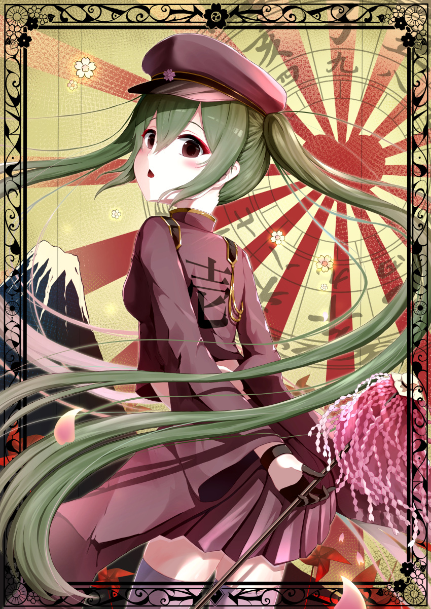 1girl absurdres bangs black_eyes cherry_blossoms chestnut_mouth cowboy_shot floating_hair framed green_hair hair_between_eyes hat hatsune_miku highres holding jacket leaning_forward long_hair long_sleeves midriff miniskirt okome_(okome_0627ha) open_mouth pleated_skirt purple_headwear purple_jacket purple_skirt senbon-zakura_(vocaloid) shiny shiny_hair skirt solo standing thighhighs twintails very_long_hair vocaloid wide_sleeves zettai_ryouiki