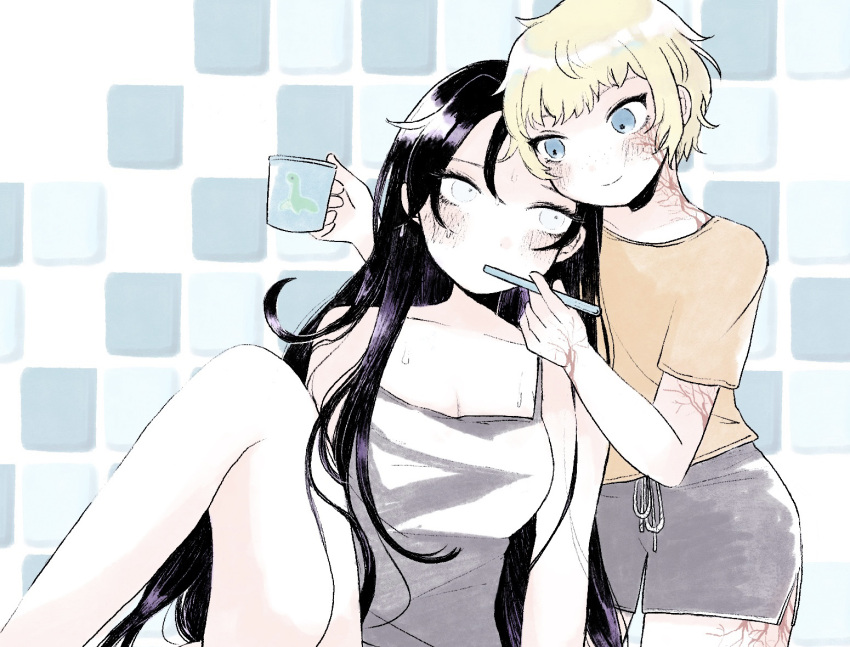 2girls apex_legends black_hair blonde_hair blue_eyes breasts brushing_another's_teeth cleavage collarbone cup grey_camisole grey_eyes grey_shorts head_tilt holding holding_cup kogomo long_hair looking_at_another medium_breasts mug multiple_girls nessie_(respawn) orange_shirt scar scar_on_cheek scar_on_face scar_on_leg shirt short_hair shorts sitting smile wattson_(apex_legends) wraith_(apex_legends) yuri
