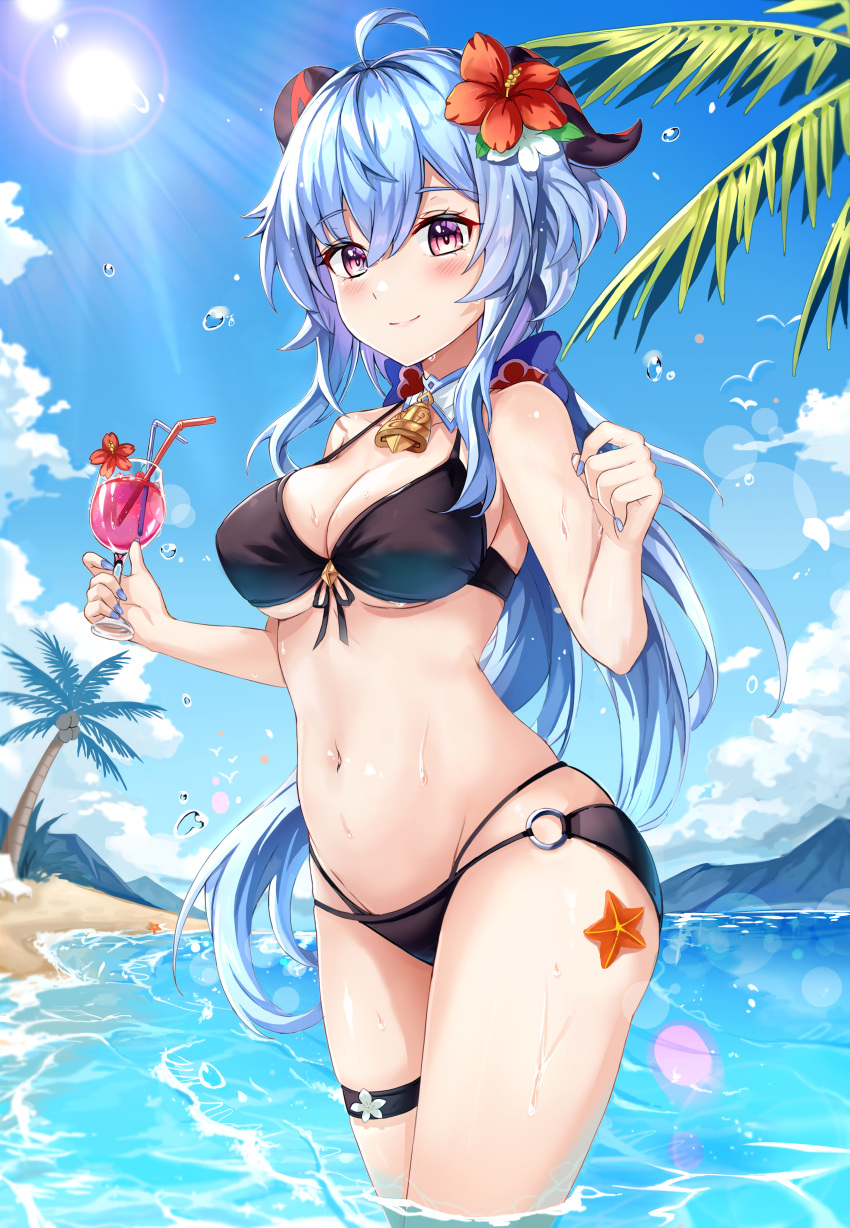 1girl absurdres ahoge bell bikini bird blue_hair blush breasts cleavage cowbell day drink drinking_straw flower ganyu_(genshin_impact) genshin_impact goat_horns hair_between_eyes hair_flower hair_ornament hands_up hibiscus highres holding holding_drink horns long_hair looking_afar medium_breasts multi-strapped_bikini navel neck_bell neon_(hhs9444) outdoors ponytail purple_eyes red_flower skindentation solo sparkle starfish stomach sun sunlight swimsuit thigh_strap thighs tropical_drink wading water water_drop wet