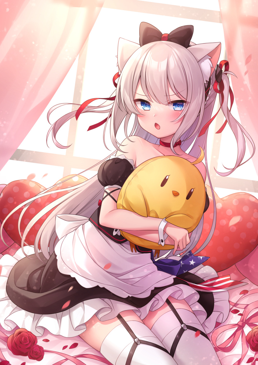 1girl absurdres amane_kurumi animal_ear_fluff animal_ears apron azur_lane bare_shoulders black_bow black_dress black_sleeves blue_eyes blush bow cat_ears collarbone commentary_request curtains detached_sleeves dress flower frilled_apron frills grey_hair hair_bow hair_ribbon hammann_(azur_lane) heart heart_pillow highres indoors long_hair looking_at_viewer manjuu_(azur_lane) object_hug open_mouth pillow polka_dot puffy_short_sleeves puffy_sleeves red_flower red_ribbon red_rose ribbon rose short_sleeves solo strapless strapless_dress stuffed_animal stuffed_bird stuffed_toy thighhighs two_side_up very_long_hair white_apron white_thighhighs window wrist_cuffs