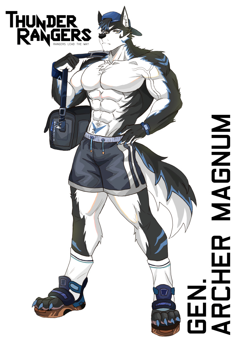 absurd_res anthro archermagnum bag black_body black_fur blue_claws bottomwear canid canine canis claws clock clothing discordnight_(artist) fur half_naked hat headgear headwear hi_res male mammal paw_shoes paws shorts solo superabsurd_res thunderrangers watch white_body white_fur wolf