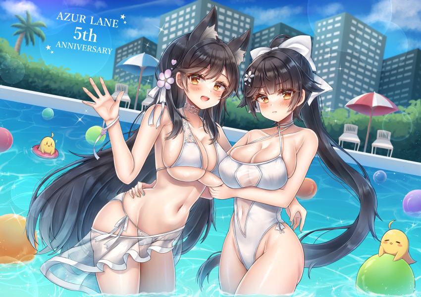 absurdres animal_ears anniversary atago_(azur_lane) atago_(summer_march)_(azur_lane) azur_lane bikini black_hair blue_sky bow breasts building casual_one-piece_swimsuit choker cloud commentary_request cowboy_shot criss-cross_halter crossed_arms day dog_ears extra_ears hair_flaps halterneck highleg highleg_swimsuit highres himeno_ame large_breasts long_hair manjuu_(azur_lane) one-piece_swimsuit outdoors ponytail pool ribbon sarong sky swimsuit takao_(azur_lane) takao_(beach_rhapsody)_(azur_lane) water white_bikini white_bow white_choker white_ribbon white_swimsuit