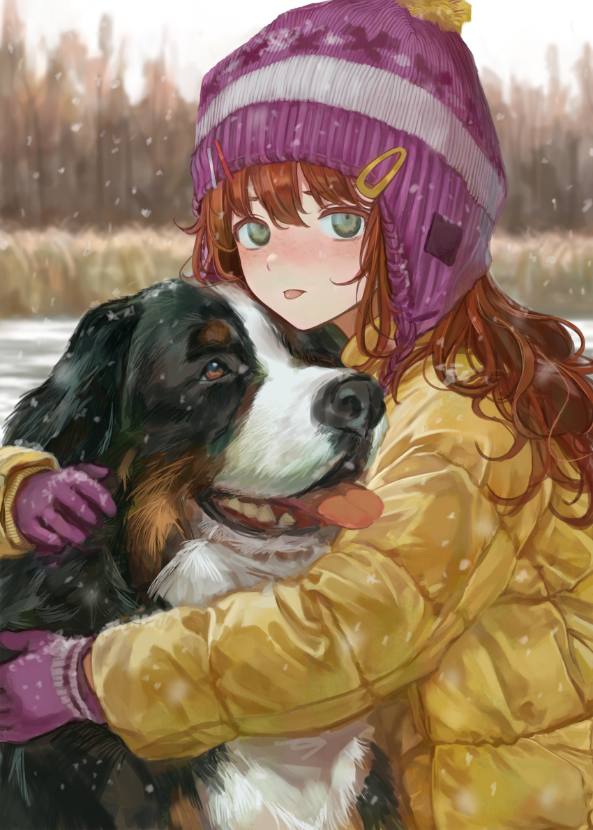 1girl absurdres blush closed_mouth coat dog down_jacket freckles gloves green_eyes highres jacket knit_hat long_hair long_sleeves looking_at_viewer original purple_gloves purple_headwear red_hair sero3eta snow snowing solo tongue tongue_out yellow_coat