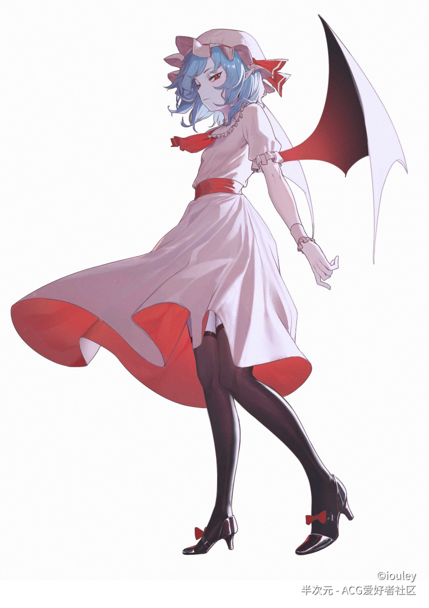 1girl absurdres ascot bat_wings black_footwear black_thighhighs blue_hair blush bow chinese_commentary closed_mouth collared_dress commentary copyright dress footwear_bow frilled_sleeves frills frown full_body hat hat_ribbon high_heels highres iouley knees_together_feet_apart looking_at_viewer looking_down mob_cap pink_dress pink_headwear pointy_ears red_ascot red_bow red_eyes red_ribbon remilia_scarlet ribbon short_sleeves simple_background solo thighhighs touhou tsurime white_background wings wrist_cuffs