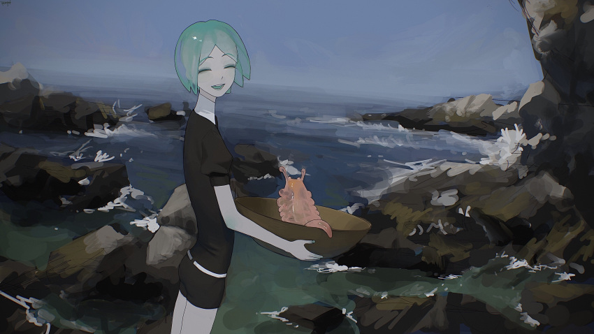 1other ^_^ absurdres androgynous animal aqua_hair aqua_nails bangs belt black_shirt black_shorts bowl closed_eyes collared_shirt colored_eyelashes colored_skin gem_uniform_(houseki_no_kuni) hasyage high_collar highres holding holding_bowl houseki_no_kuni looking_to_the_side nail_polish ocean open_mouth parted_bangs phosphophyllite puffy_short_sleeves puffy_sleeves rock sea_slug shirt shore short_hair short_shorts short_sleeves shorts slug smile teeth translucent_hair ventricosus water white_belt white_shirt white_skin