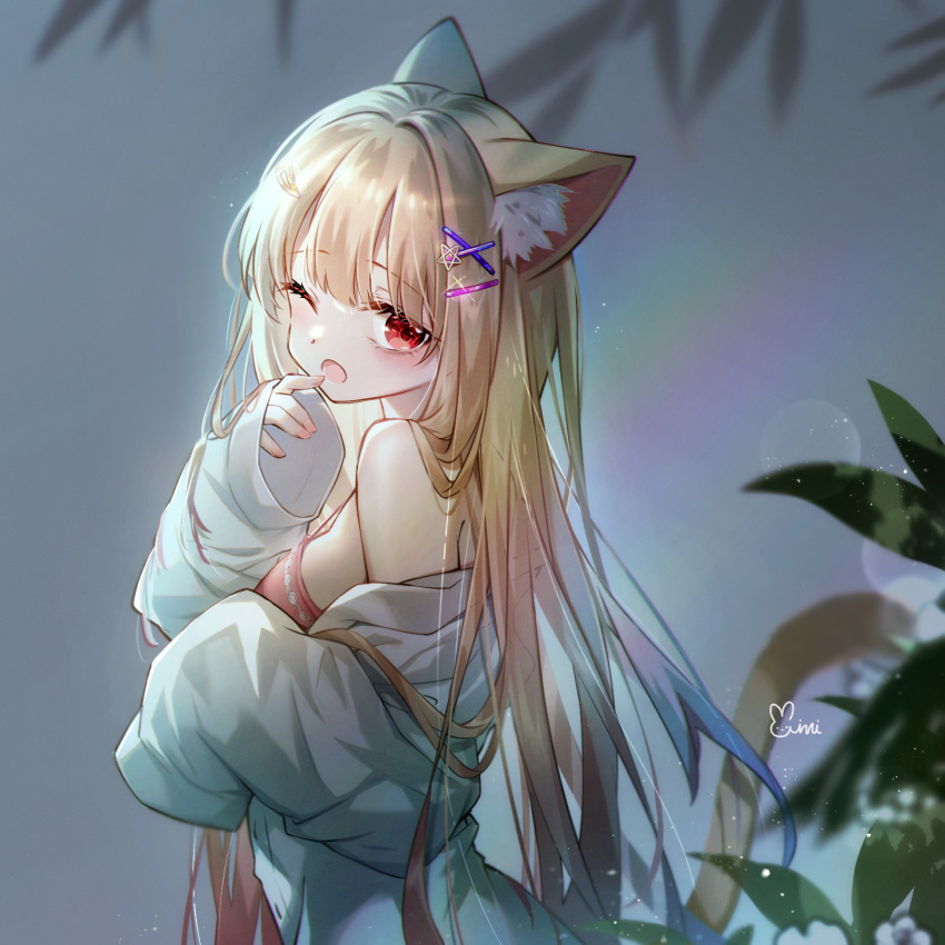 1girl ;o animal_ears bangs bare_shoulders blonde_hair cat_ears cat_girl cat_tail commission danby_merong hair_ornament hairclip hand_up highres long_hair long_sleeves looking_at_viewer looking_to_the_side nail_polish off_shoulder one_eye_closed open_mouth original pink_nails red_eyes shirt signature sleeves_past_wrists solo tail tail_raised very_long_hair white_shirt x_hair_ornament