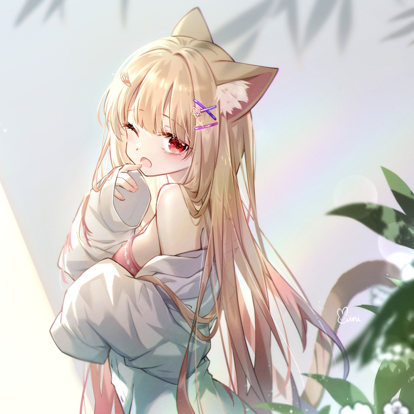 1girl ;o animal_ears bangs bare_shoulders blonde_hair cat_ears cat_girl cat_tail commission danby_merong hair_ornament hairclip hand_up highres long_hair long_sleeves looking_at_viewer looking_to_the_side nail_polish off_shoulder one_eye_closed open_mouth original pink_nails red_eyes shirt signature sleeves_past_wrists solo tail tail_raised very_long_hair white_shirt x_hair_ornament