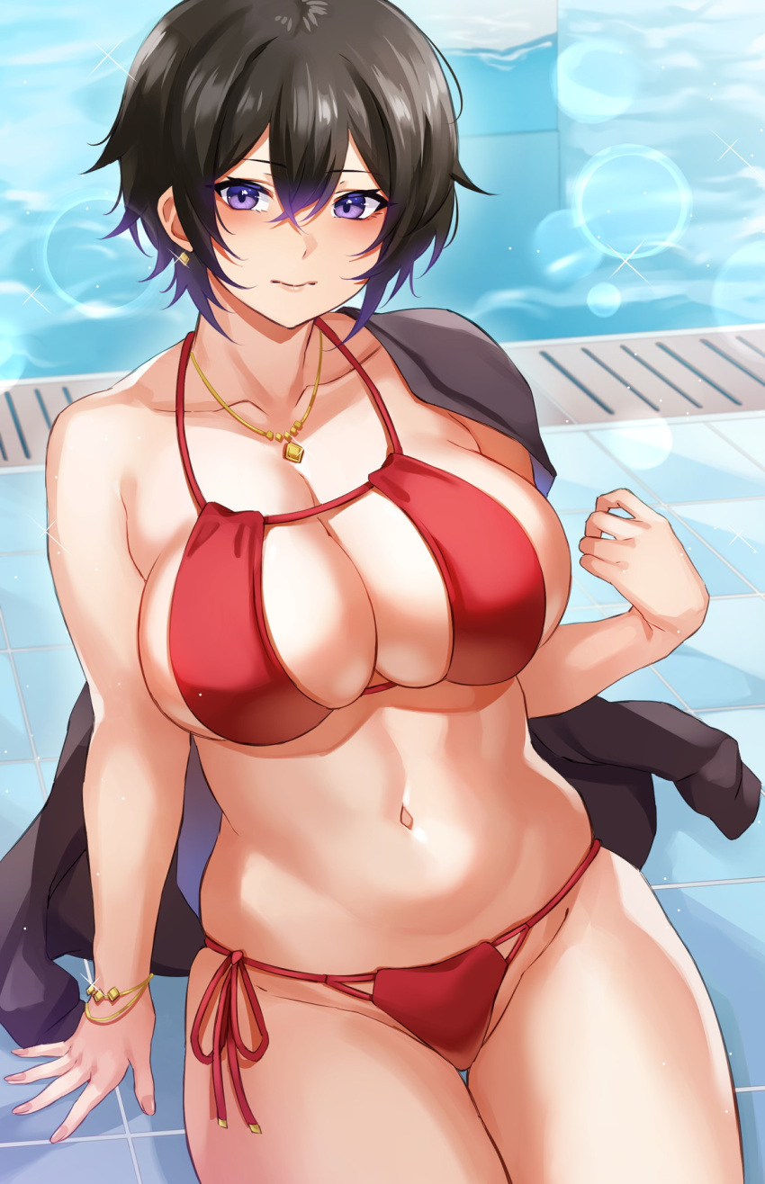 3: bikini black_hair black_jacket blush bracelet breasts cleavage closed_mouth collarbone earrings glint groin highres hikari_(komitiookami) jacket jacket_on_shoulders jewelry large_breasts looking_at_viewer navel off_shoulder on_floor original pool poolside purple_eyes red_bikini red_ribbon ribbon short_hair side-tie_bikini single_bare_shoulder sitting stomach swimsuit thigh_gap tile_floor tiles water