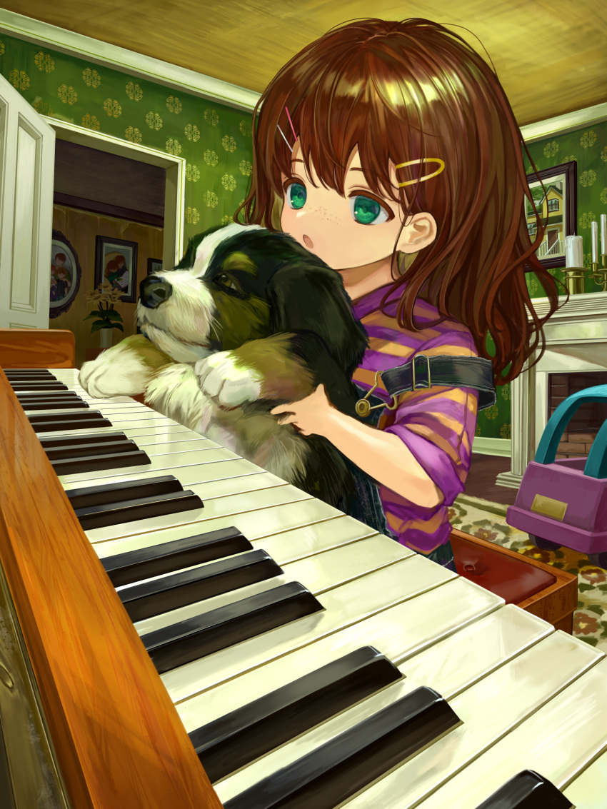 1girl absurdres animal bernese_mountain_dog brown_hair candle candlestand dog female_child fireplace flower freckles green_eyes hair_ornament hairclip highres holding holding_animal indoors instrument long_hair original overalls parted_lips piano picture_frame sero3eta shirt short_sleeves solo striped striped_shirt vase yellow_flower