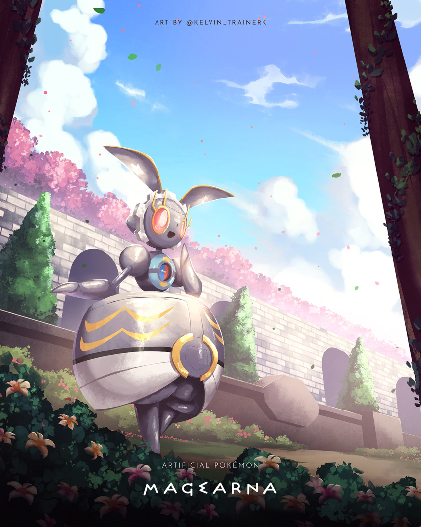 bright_pupils character_name cloud commentary copyright_name day flower from_below highres kelvin-trainerk magearna magearna_(normal) no_humans outdoors petals pokemon pokemon_(creature) red_eyes sky solo standing tree twitter_username wall white_pupils