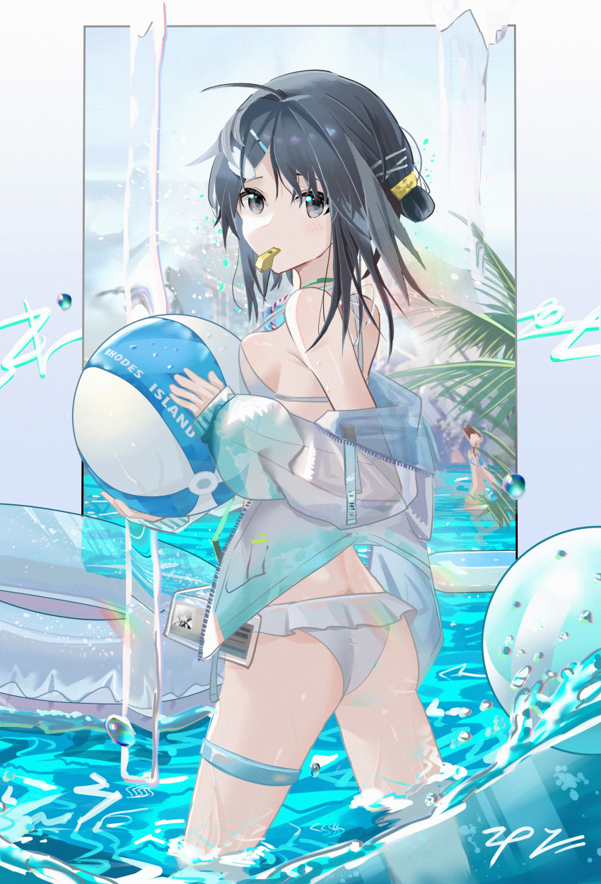 1girl absurdres ahoge arknights ass ball bare_shoulders beachball bikini black_eyes black_hair blue_sky breasts breasts_out day hair_bun hair_ornament hairclip highres holding holding_ball innertube jacket kanshio la_pluma_(arknights) la_pluma_(summer_flowers)_(arknights) long_sleeves mouth_hold official_alternate_costume open_clothes open_jacket outdoors see-through short_hair sideboob signature single_hair_bun single_side_bun sky sleeves_past_wrists small_breasts solo strap_gap swimsuit unzipped wading water water_drop whistle white_bikini white_jacket