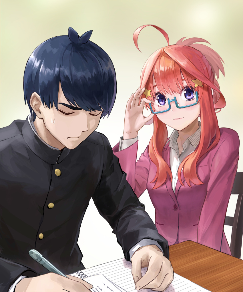 1boy 1girl absurdres adjusting_eyewear ahoge alternate_costume alternate_hairstyle bangs black_hair black_jacket blazer blue_eyes blunt_bangs blush book chair closed_eyes closed_mouth collared_shirt commentary_request desk folded_ponytail gakuran glasses go-toubun_no_hanayome hair_ornament highres holding holding_pen ishiyuki jacket long_hair long_sleeves looking_at_viewer nakano_itsuki notebook open_book pen pink_jacket red_hair school_uniform shirt short_hair sitting star_(symbol) star_hair_ornament sweatdrop teacher_and_student uesugi_fuutarou white_shirt writing