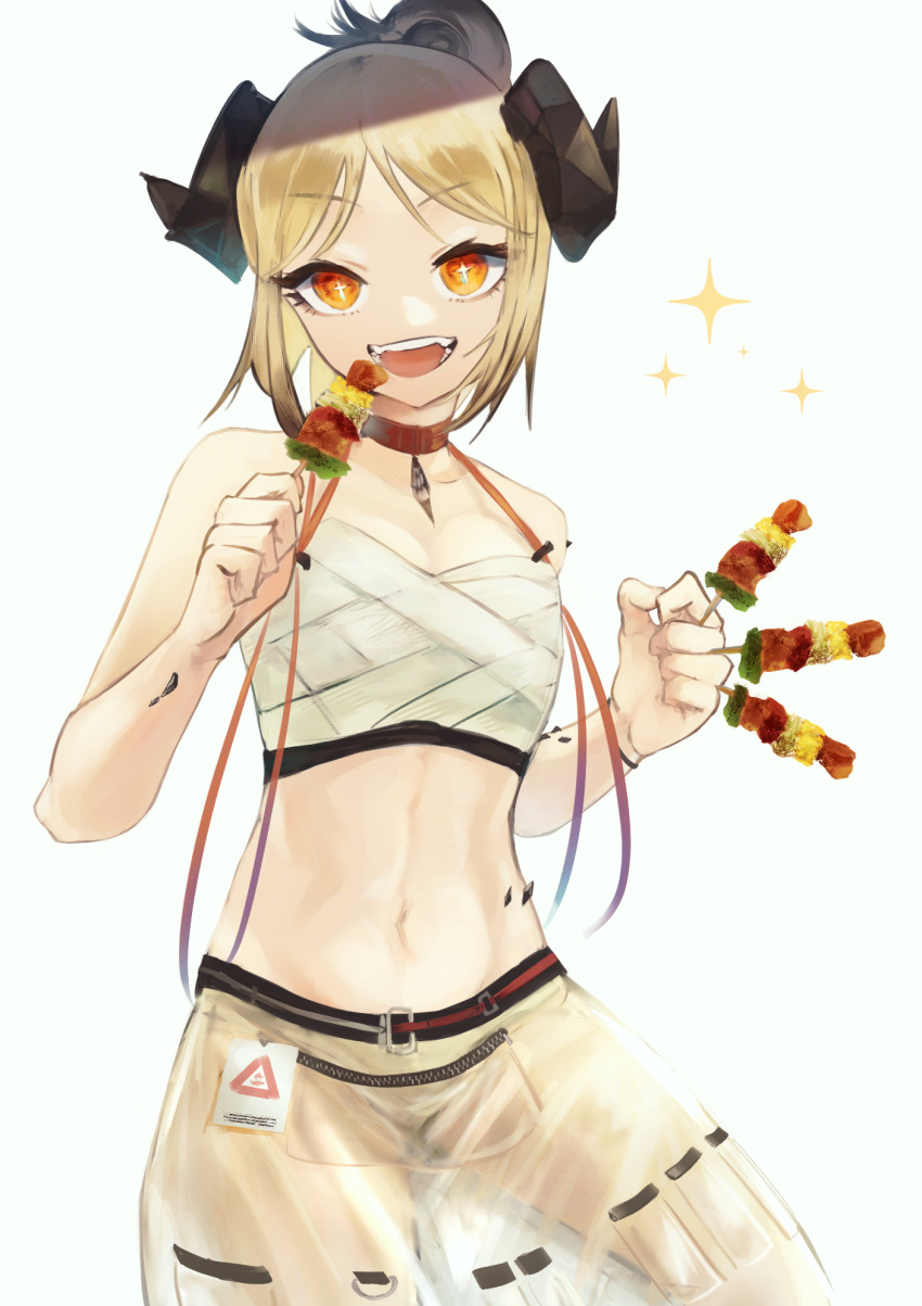 1girl :d aiv arknights bandages bare_arms bare_shoulders blonde_hair chest_sarashi chinese_commentary commentary_request cowboy_shot food hands_up highres holding holding_food horns ifrit_(arknights) ifrit_(sunburn)_(arknights) kebab looking_at_viewer navel open_mouth orange_eyes oripathy_lesion_(arknights) sarashi sarong short_hair simple_background smile solo sparkle stomach white_background