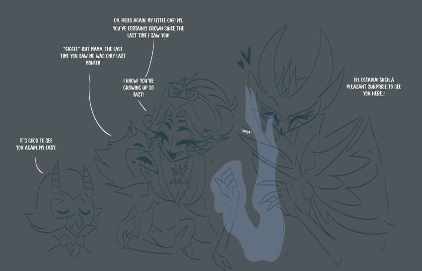 &lt;3 anthro avian bird crown eyes_closed father female group hair hair_tied helluva_boss hi_res holding_another horn male mother mother_and_child mother_and_son owl owl_demon paimon_(helluva_boss) parent parent_and_child shoving simple_background smile son stolas_(helluva_boss) teathekook text tied_hair trio white_text