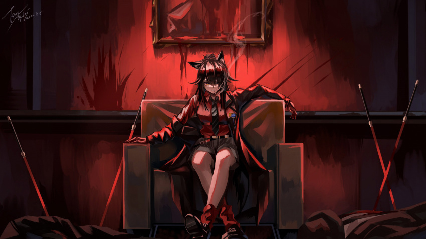 1girl 2others animal_ear_fluff animal_ears arknights armchair belt black_coat black_footwear black_hair black_necktie black_shorts blood brown_eyes chair character_name cigarette coat collared_shirt commentary_request dated full_body hair_between_eyes highres indoors long_hair long_sleeves looking_at_viewer mouth_hold multiple_others necktie official_alternate_costume open_clothes open_coat painting_(object) parted_lips planted planted_sword ponytail red_shirt red_socks shirt shorts signature sitting smile smoke smoking socks solo_focus sword texas_(arknights) texas_(willpower)_(arknights) weapon wolf_ears z_05