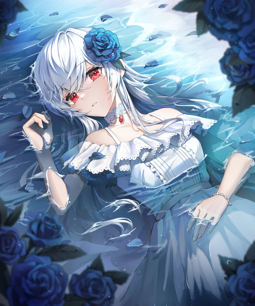 1girl bangs blue_flower blue_rose blush breasts choker collarbone commentary_request dress flower gem hair_flower hair_ornament hand_up highres in_water long_hair looking_at_viewer lying off-shoulder_dress off_shoulder original parted_lips partially_submerged plus1024 red_eyes rose short_sleeves small_breasts solo water white_dress white_hair