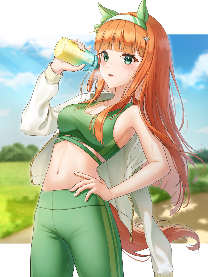 1girl absurdres animal_ears bangs bare_shoulders blue_sky blunt_bangs blurry blurry_background breasts breath cleavage cloud commentary cowboy_shot crop_top day green_eyes green_pants hairband hand_on_hip hand_up highres holding horse_ears jacket leggings long_hair long_sleeves looking_at_viewer medium_breasts midriff navel orange_hair outdoors pants parted_lips silence_suzuka_(umamusume) sky solo soo_ou sports_bra standing stomach umamusume very_long_hair white_jacket