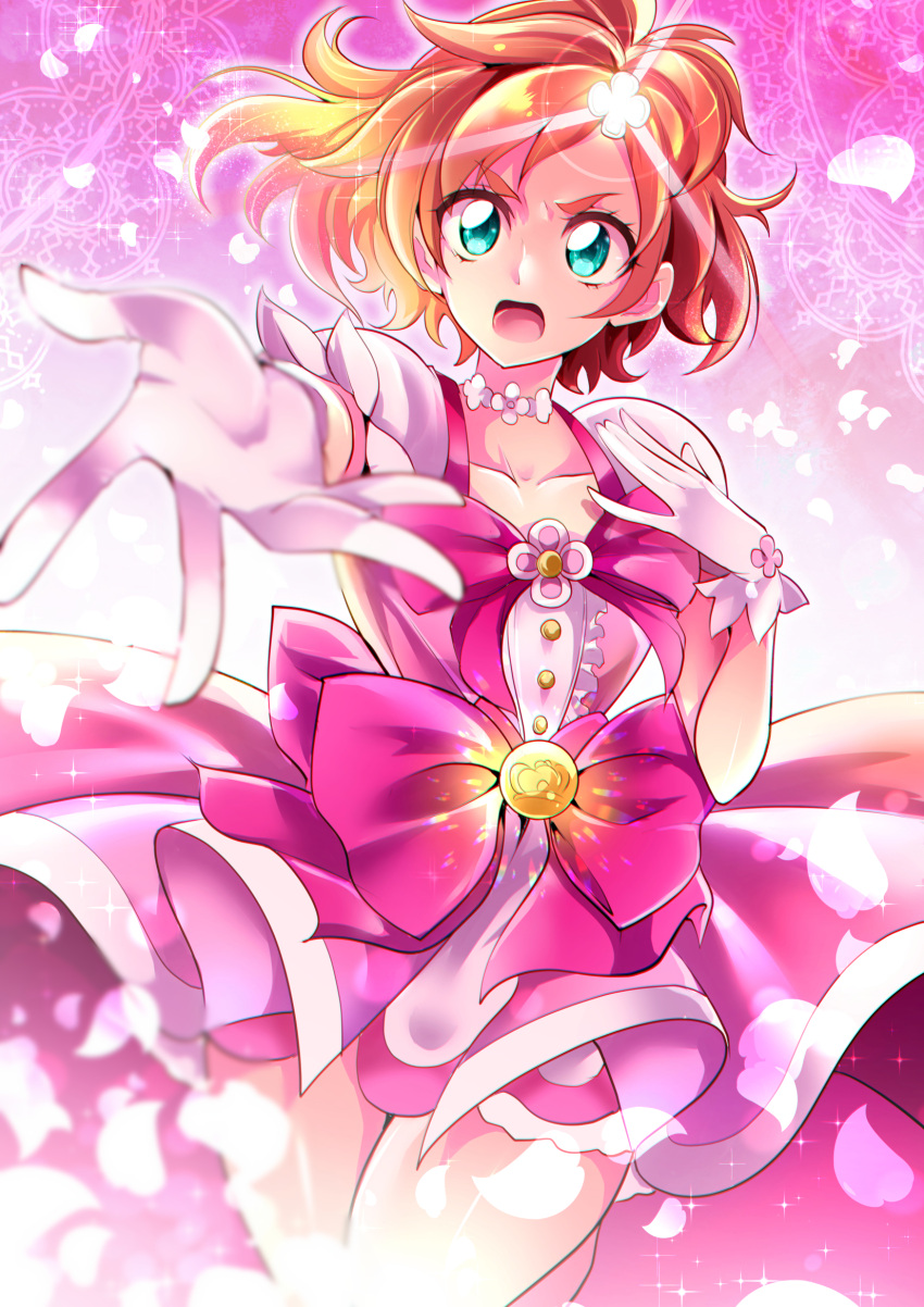 1girl brown_hair choker collarbone cure_flora dress floating_hair gloves go!_princess_precure green_eyes haruno_haruka henshin highres long_hair mitsuki_tayura o_kakugo_wa_yoroshikute? open_mouth pink_dress precure shiny shiny_hair short_sleeves solo white_choker white_gloves