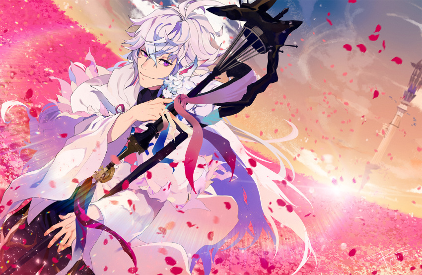 1boy ahoge bangs bishounen commentary_request creature dutch_angle falling_petals fate/grand_order fate_(series) feet_out_of_frame fou_(fate) hair_between_eyes holding holding_staff long_hair long_sleeves looking_at_viewer mage_staff male_focus merlin_(fate) petals purple_eyes ren_(rendrrr) smile smug solo staff tower very_long_hair white_hair