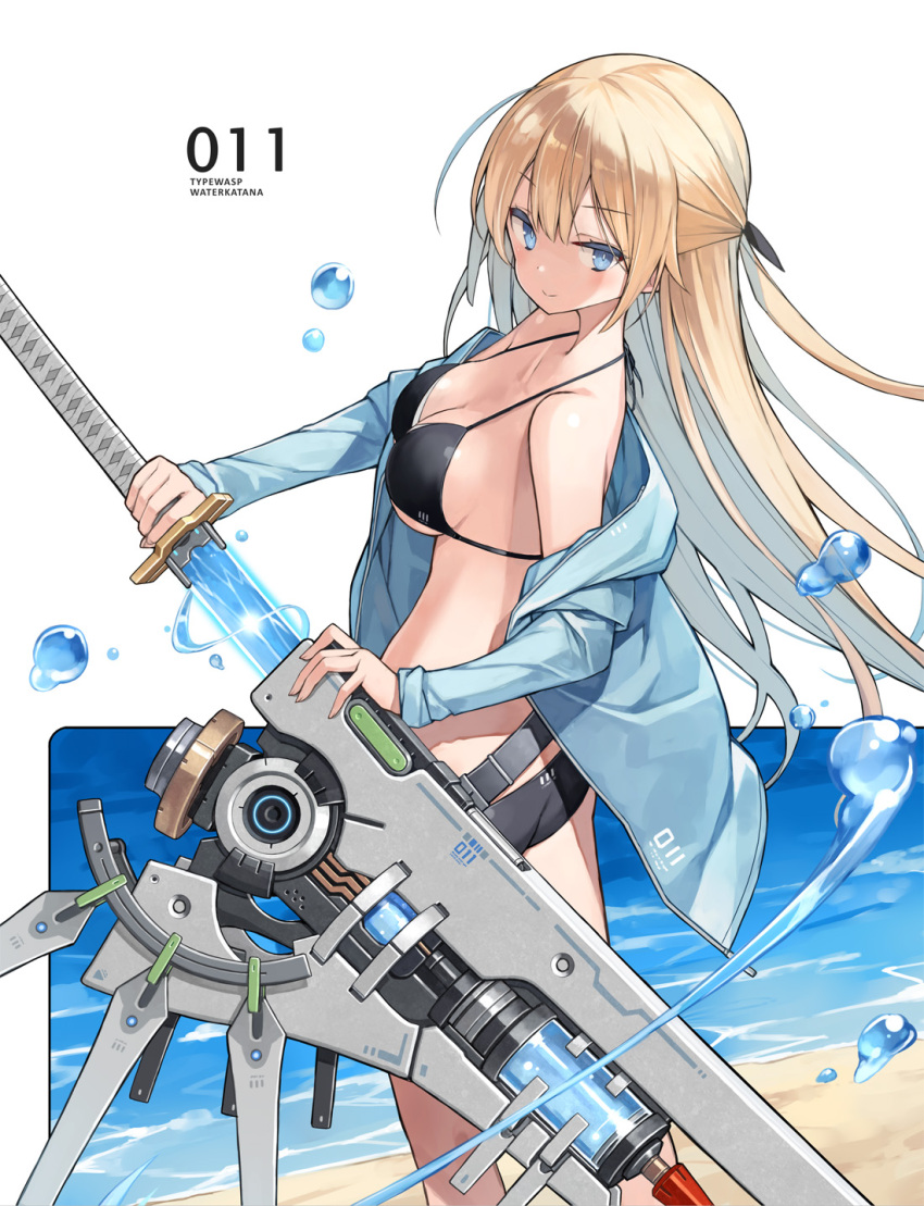 1girl ass bare_shoulders beach bikini black_bikini blonde_hair blue_eyes blue_jacket breasts cleavage closed_mouth half_updo halterneck highres holding holding_sword holding_weapon huge_weapon jacket katana long_hair long_sleeves looking_at_viewer medium_breasts off_shoulder open_clothes open_jacket original poco_(asahi_age) sheath smile solo standing string_bikini swimsuit sword unsheathing very_long_hair weapon