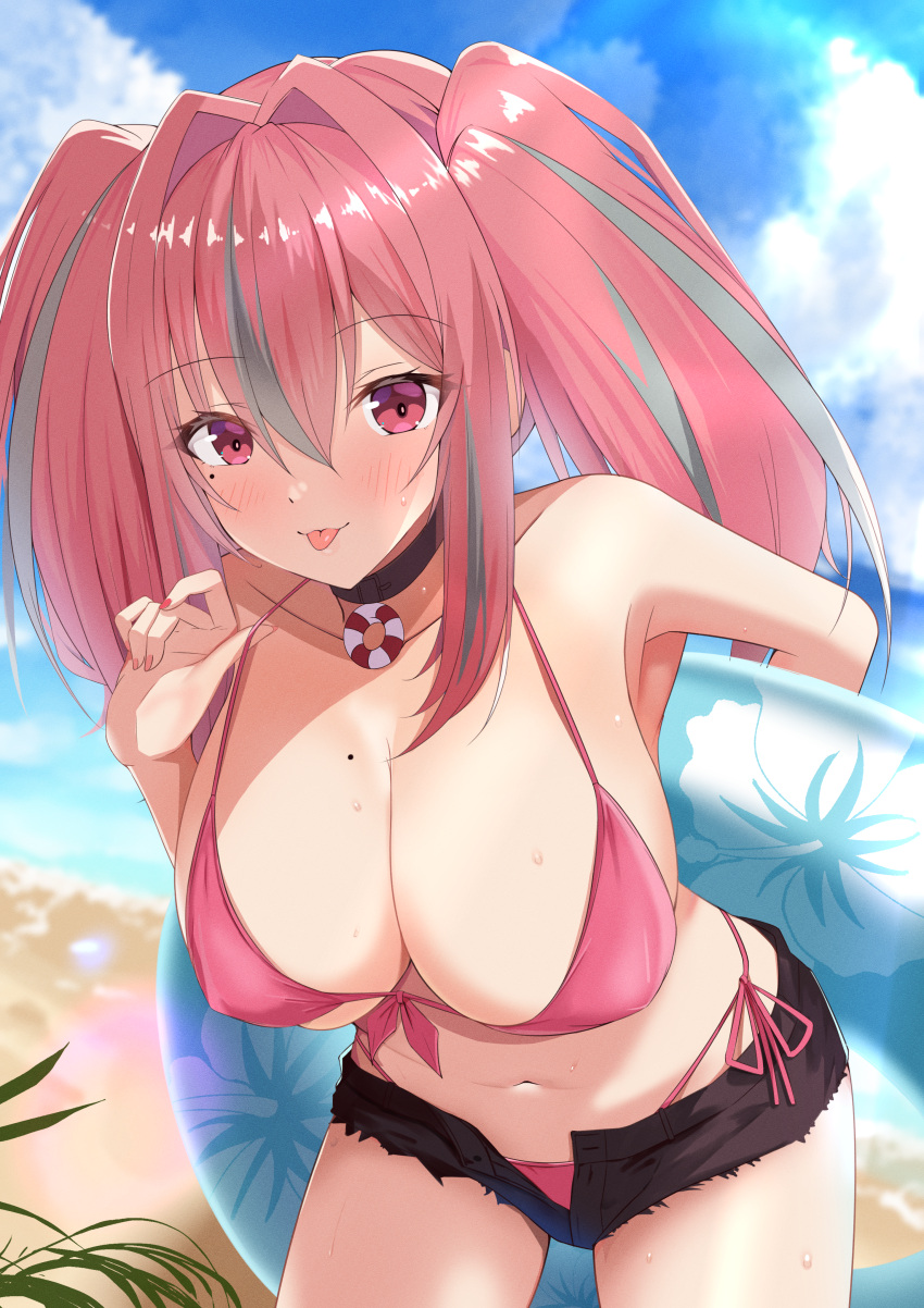 1girl :p absurdres arm_behind_back azur_lane bangs bare_shoulders beach bikini black_choker black_shorts blue_sky blush breasts bremerton_(azur_lane) choker cleavage cloud collarbone commentary_request covered_nipples cowboy_shot cutoffs day front-tie_bikini front-tie_top grey_hair hair_between_eyes hair_intakes hand_up highleg highleg_bikini highres holding holding_innertube innertube large_breasts leaning_forward lens_flare lifebuoy_ornament long_hair looking_at_viewer midriff mole mole_on_breast mole_under_eye multicolored_hair navel ocean open_fly outdoors pink_bikini pink_eyes pink_hair pink_nails shadow short_shorts shorts side-tie_bikini sidelocks sky smile solo standing streaked_hair sweat swimsuit tongue tongue_out twintails two-tone_hair yumemin_(yumemi5140)