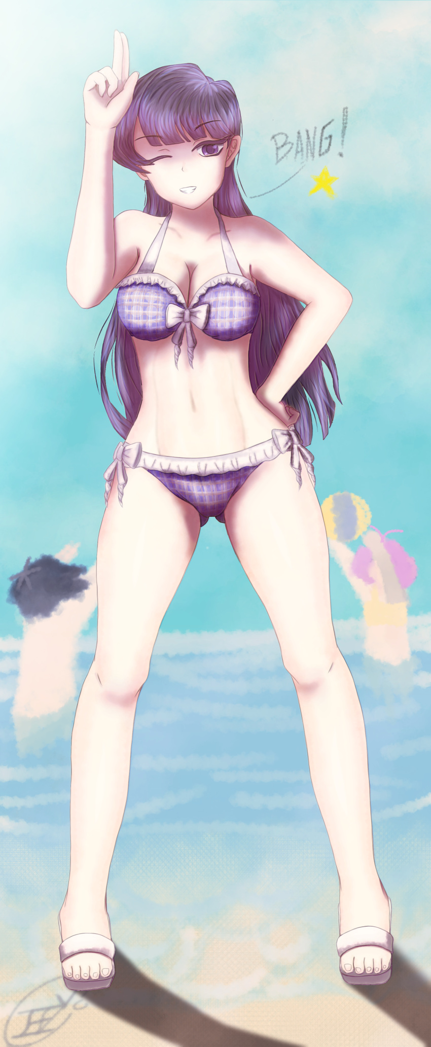 1girl absurdres beach deivax_draws highres komi-san_wa_komyushou_desu komi_shouko long_hair looking_at_viewer osana_najimi_(komi-san_wa_komyushou_desu) pink_hair purple_hair short_hair smile summer swimsuit tadano_hitohito water