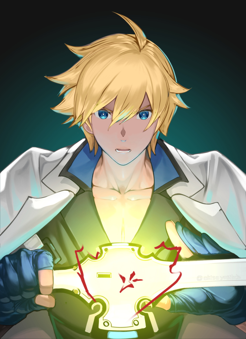 1boy akisa_(12023648) bangs blonde_hair blue_eyes blue_gloves collarbone electricity fingerless_gloves gloves guilty_gear guilty_gear_strive hair_between_eyes highres holding holding_sword holding_weapon jacket jacket_on_shoulders ky_kiske lightning male_focus open_mouth pectoral_cleavage pectorals short_hair simple_background solo sword thunderseal twitter_username weapon white_jacket