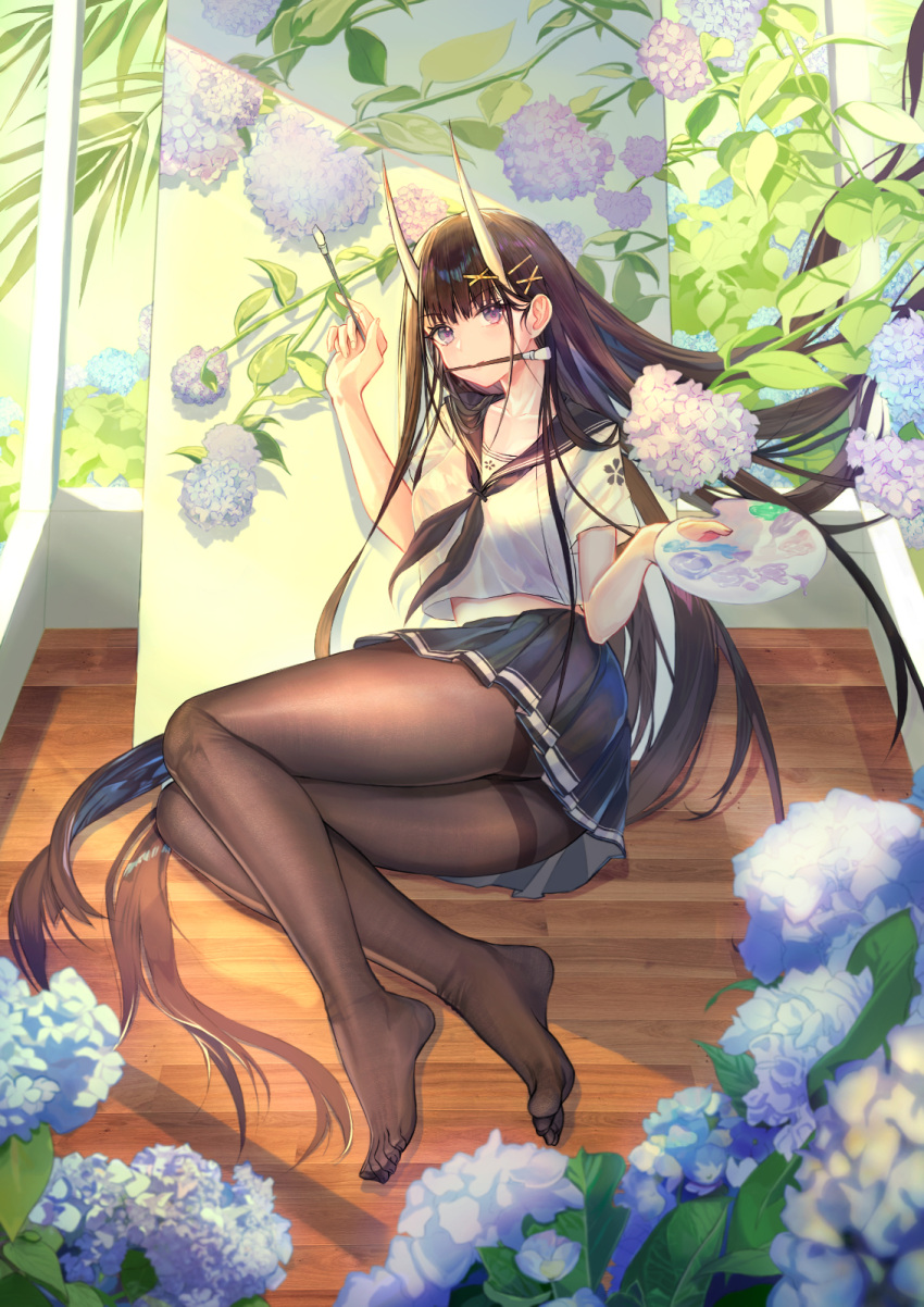 1girl ass azur_lane bangs black_hair black_neckerchief black_pantyhose black_sailor_collar black_skirt blunt_bangs blush brush canvas_(object) commentary cropped_shirt easel eyelashes feet flower full_body hair_ornament highres holding holding_paintbrush holding_palette horns hydrangea indoors leaf light_rays long_hair looking_at_viewer luoxin_(kndoffice903) lying miniskirt mouth_hold neckerchief no_shoes noshiro_(azur_lane) on_floor on_side oni_horns paintbrush painting_(object) palette_(object) pantyhose plant pleated_skirt purple_eyes sailor_collar school_uniform serafuku shirt short_sleeves sidelocks skirt solo toes very_long_hair white_shirt window wooden_floor x_hair_ornament