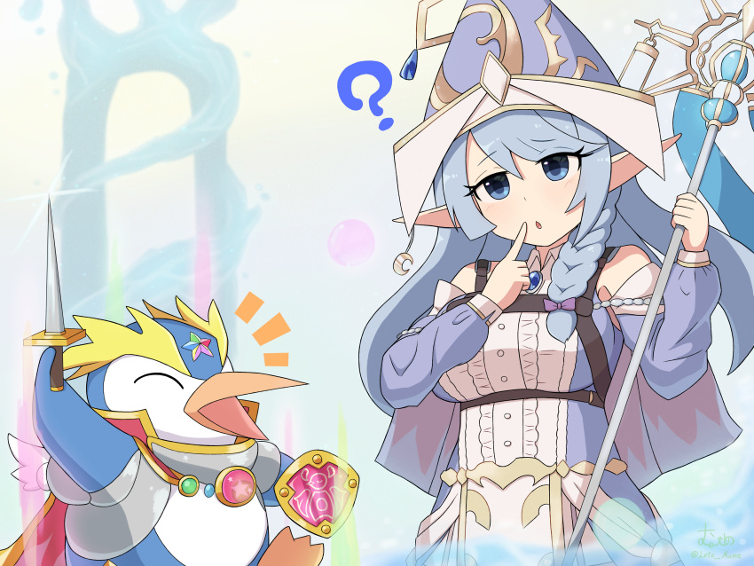 1girl 1other ? absurdres bird blue_eyes blue_hair braid commentary detached_sleeves dress duel_monster ear_piercing elf hat highres holding holding_shield holding_staff holding_sword holding_weapon leto_mume long_hair looking_at_another namesake penguin penguin_brave piercing pointy_ears rite_of_aramesir shield side_braid signature size_difference staff strapless strapless_dress sword translated water_enchantress_of_the_temple weapon witch_hat yu-gi-oh!