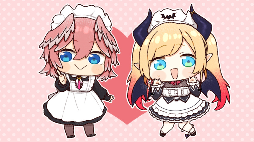 2girls :&gt; apron bangs black_footwear blonde_hair blue_eyes chibi demon_girl demon_horns demon_tail demon_wings gradient_hair hair_between_eyes head_wings heart highres hololive horns knees_together_feet_apart looking_at_viewer maid maid_apron maid_headdress multicolored_hair multiple_girls okunin open_mouth outstretched_hand pantyhose pink_background pink_hair pointing pointy_ears polka_dot polka_dot_background red_hair smile swept_bangs tail tail_around_leg takane_lui virtual_youtuber wings yuzuki_choco