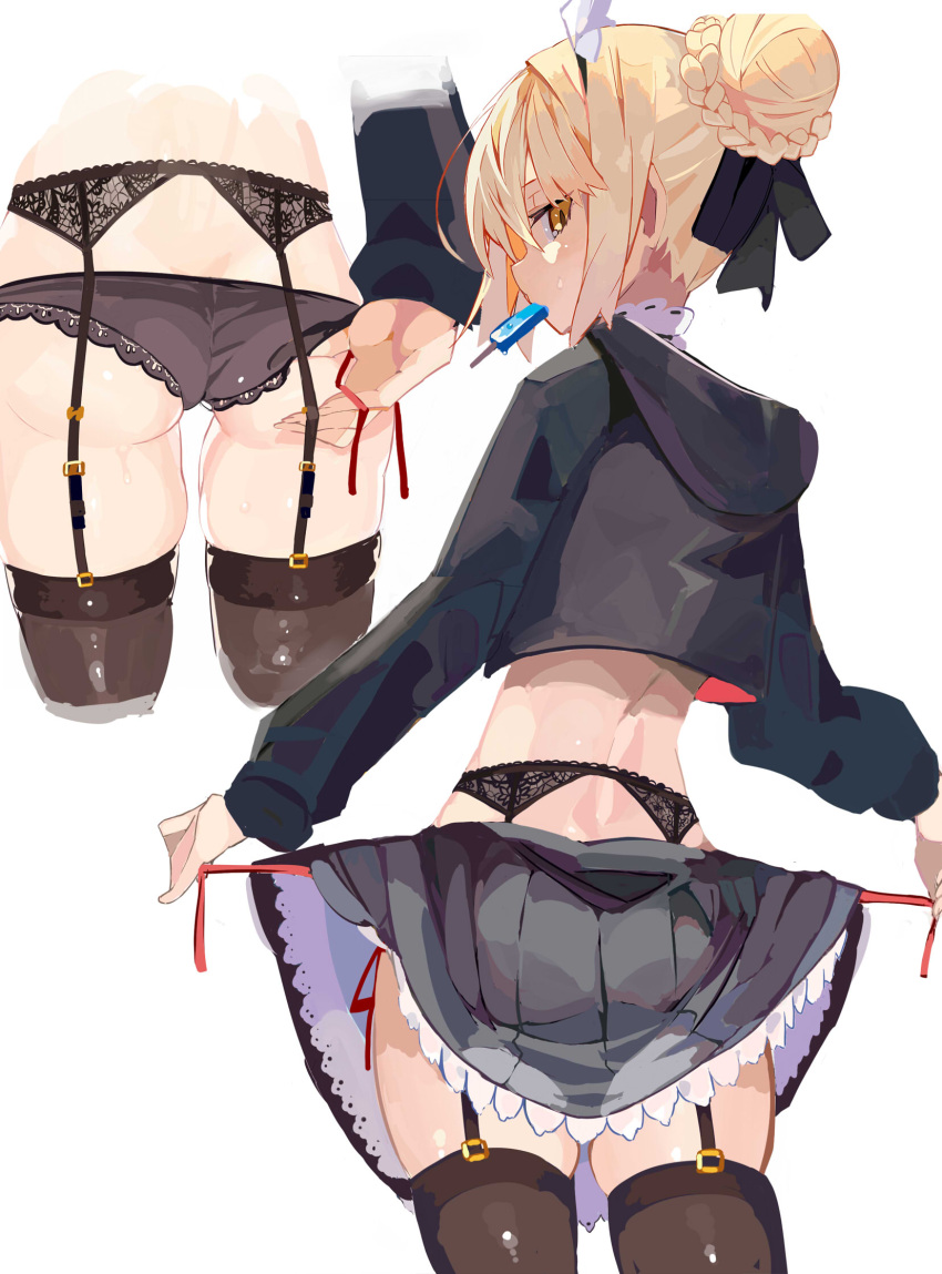 1girl apron artoria_pendragon_(alter_swimsuit_rider)_(fate) artoria_pendragon_(alter_swimsuit_rider)_(second_ascension)_(fate) artoria_pendragon_(fate) bangs bikini black_bikini black_jacket black_ribbon black_skirt black_thighhighs blonde_hair braid breasts bridal_garter choker clothes_lift fate/grand_order fate_(series) french_braid frilled_choker frills garter_belt hair_bun hair_ribbon highres hood hooded_jacket jacket long_hair long_sleeves looking_at_viewer maid_headdress medium_breasts miyakawa106 navel open_mouth ribbon sidelocks single_hair_bun skirt skirt_lift solo swimsuit thighhighs waist_apron white_apron yellow_eyes