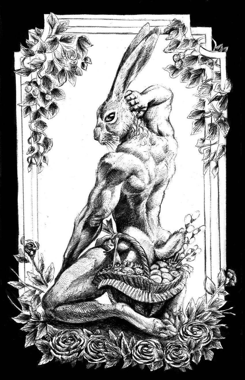 absurd_res anthro back_muscles basket butt container digitigrade easter easter_bunny egg flower hi_res holidays lagomorph leporid looking_at_viewer looking_back male mammal momamo muscular muscular_anthro muscular_male nude plant rabbit scut_tail shirtless short_tail simple_background sitting sketch solo traditional_media_(artwork)