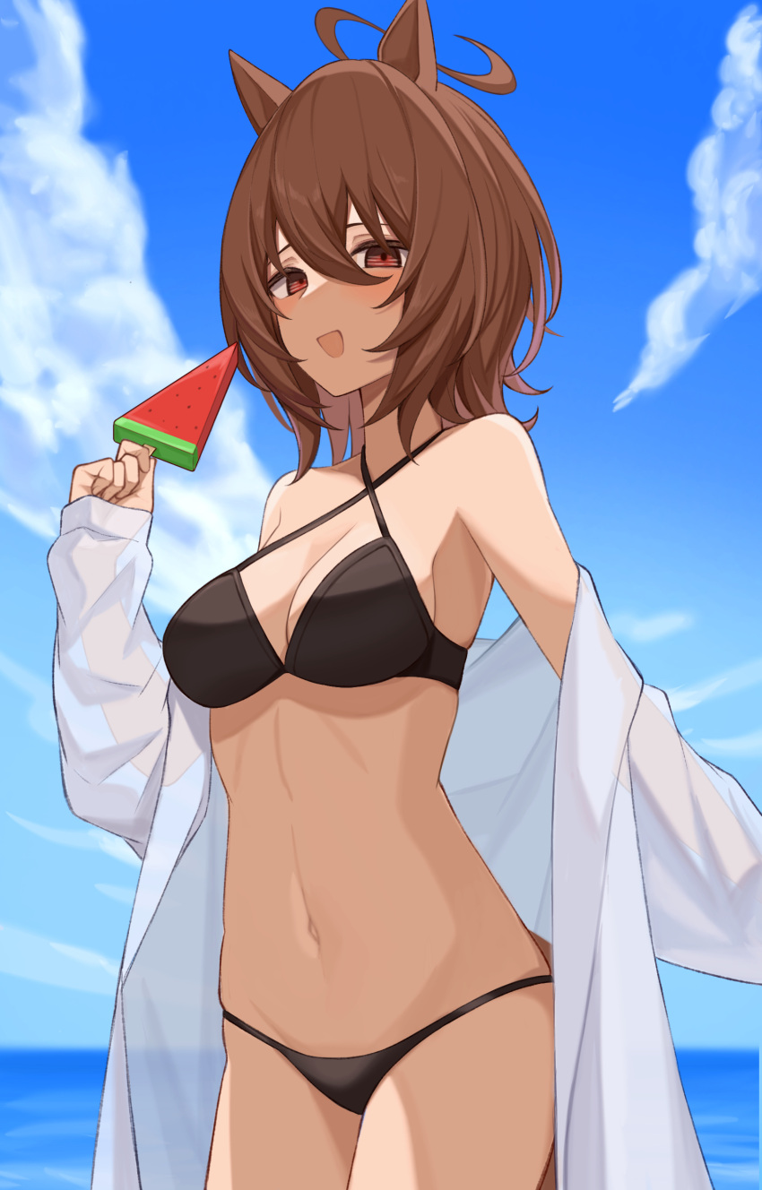 1girl :d absurdres agnes_tachyon_(umamusume) ahoge animal_ears bangs bare_shoulders bikini black_bikini blue_sky blurry blurry_background blush breasts brown_eyes brown_hair cleavage cloud collarbone commentary cowboy_shot criss-cross_halter day food hair_between_eyes halter_top halterneck hand_up highres holding holding_food horse_ears horse_girl long_sleeves looking_at_viewer medium_breasts nagaburo_imoni navel ocean off_shoulder open_clothes open_mouth open_shirt outdoors popsicle see-through see-through_sleeves shirt short_hair sidelocks sky smile solo standing stomach swimsuit umamusume water watermelon_bar white_shirt