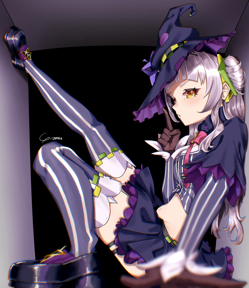 1girl absurdres bangs black_gloves blunt_bangs blurry depth_of_field finger_to_mouth from_side gloves grey_hair hair_bun hat highres hololive midriff miniskirt murasaki_shion navel orange_eyes shushing signature single_side_bun skirt solo striped_sleeves thighhighs virtual_youtuber witch_hat yo_na zettai_ryouiki