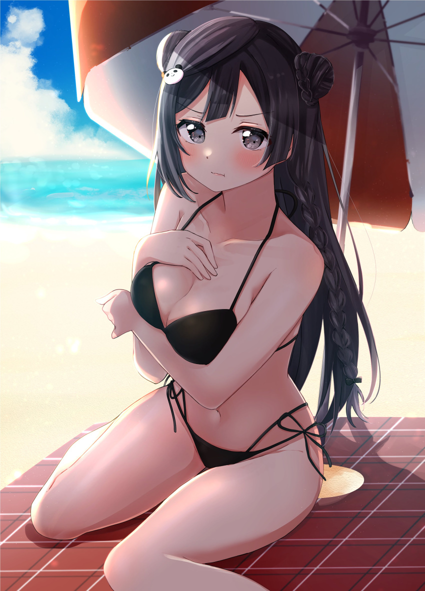 absurdres angry bangs beach beach_umbrella bikini black_bikini black_eyes black_hair blanket blue_sky blush braid breast_hold breasts closed_mouth cloud collarbone commentary_request double_bun hair_between_eyes hair_bun hair_ornament hand_on_own_chest highres legs long_hair looking_at_viewer love_live! love_live!_nijigasaki_high_school_idol_club medium_breasts navel nyako_(utaneko31) ocean outdoors panda_hair_ornament pout sitting sky stomach string_bikini sunlight swimsuit thighs umbrella v-shaped_eyebrows wariza yuuki_setsuna_(love_live!)