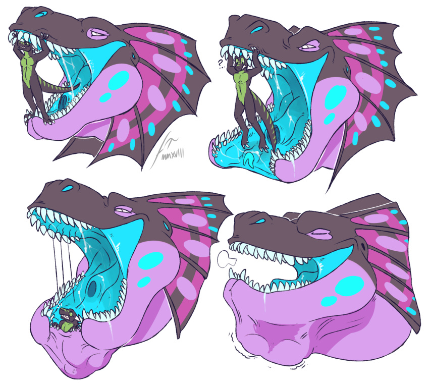 anthro black_body blue_tongue bodily_fluids breath duo ear_frill eyes_closed forked_tongue frill_(anatomy) green_body grey_body hi_res horn imperatorcaesar in_mouth male maw_(imperatorcaesar) narrowed_eyes oral_vore phase_duskclaw purple_body saliva saliva_string sequence sharp_teeth signature simple_background teeth tongue vore white_background white_horn