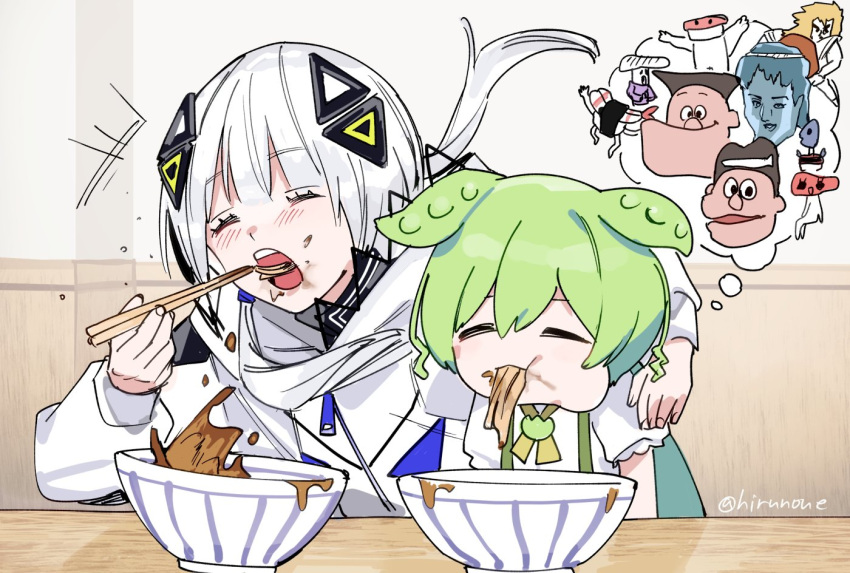 2girls animal_ears arm_around_shoulder bowl cevio chopsticks closed_eyes commentary curry_udon eating food green_hair kafu_(cevio) long_hair low_twintails multiple_girls neta noodles open_mouth orange_range shirt short_hair soup soyaka sushi_tabetai thought_bubble triangle_hair_ornament twintails udon voicevox white_hair white_shirt zundamon