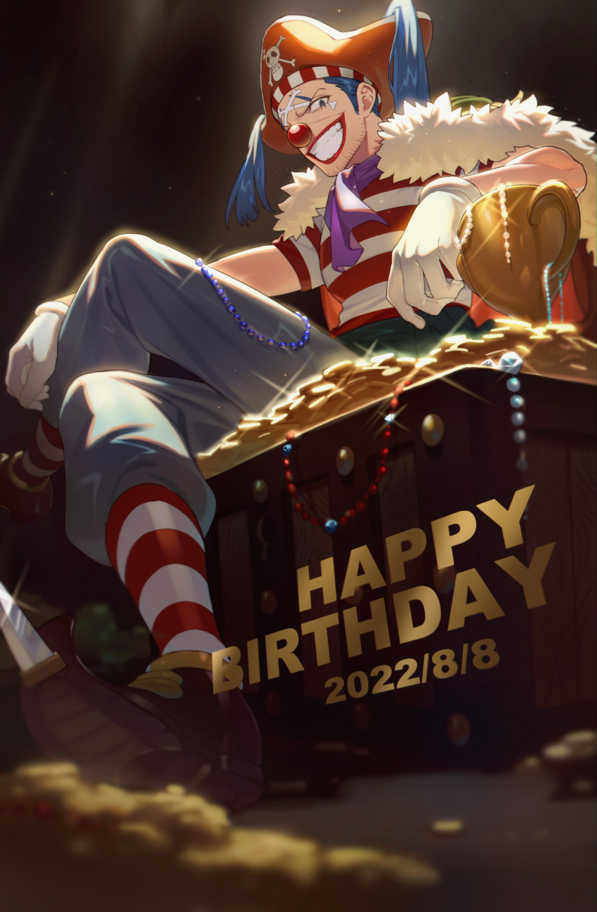 1boy absurdres arm_rest beard birthday blue_eyes blue_gemstone blue_hair blue_pants buggy_the_clown cape chalice clown clown_nose cup dated diamond_(gemstone) facepaint facial_hair from_below from_side full_body fur-trimmed_cape fur_trim gem gloves gold grin hand_on_own_leg happy_birthday hat highres jewelry knife leaning_on_object leg_up lipstick looking_at_viewer looking_down makeup money necklace one_piece pants pearl_necklace pirate_hat purple_scarf qin_(7833198) red_gemstone red_lips red_nose scarf shirt short_hair short_sleeves sitting_on_chest skull_and_crossbones smile solo striped striped_shirt treasure_chest white_gloves