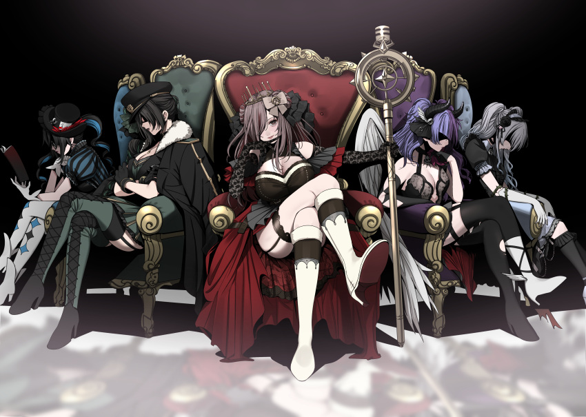 5girls asymmetrical_footwear black_background black_hair boots breasts brown_eyes brown_hair chair cleavage crossed_legs crown demon_horns garter_straps grey_hair hair_over_one_eye hat high_heel_boots high_heels highres horns idolmaster idolmaster_shiny_colors jacket jacket_on_shoulders knee_boots l'antica_(idolmaster) large_breasts long_hair looking_at_viewer maou_(demonlord) mismatched_footwear mitsumine_yuika multiple_girls peaked_cap purple_hair red_skirt shirase_sakuya skirt staff tanaka_mamimi thigh_boots thigh_strap thighhighs thighs tsukioka_kogane yukoku_kiriko