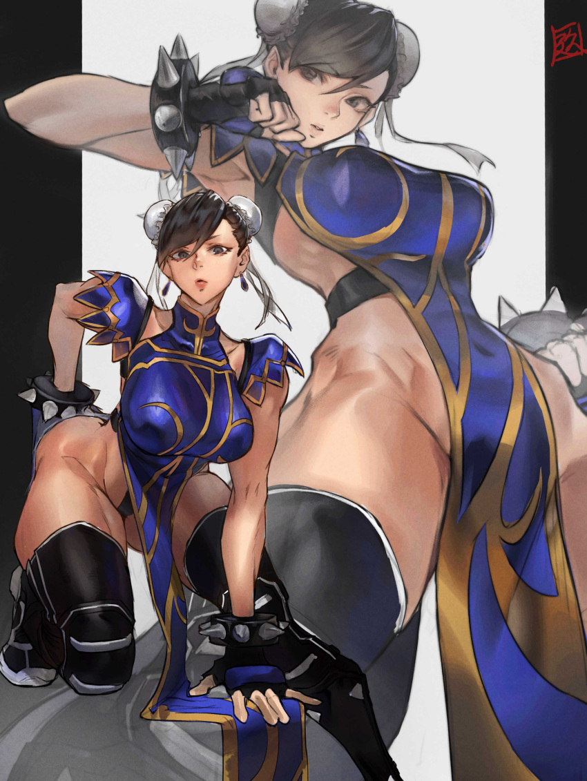 1girl absurdres bracelet breasts bun_cover chinese_clothes chun-li double_bun fighting_stance fingerless_gloves gloves hair_bun highres jewelry kyuuakaku large_breasts leaning_forward looking_at_viewer multiple_views muscular muscular_female official_alternate_costume pelvic_curtain short_sleeves solo spiked_bracelet spikes street_fighter street_fighter_v thighhighs