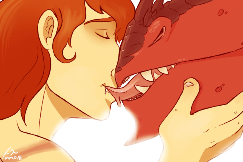 ambiguous_form ambiguous_gender bloom dragon duo extreme_french_kiss eyes_closed facial_horn french_kissing hair hand_on_cheek horn human imperatorcaesar kissing male male/ambiguous mammal nose_horn open_mouth orange_hair red_body red_scales red_tongue scales scar sharp_teeth signature simple_background teeth tongue white_background